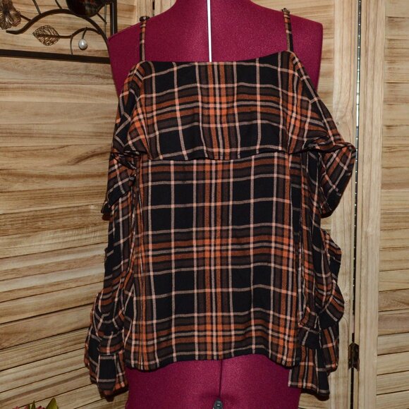 INC Small Ruffled Cold-Shoulder Top Autumn Plaid Black/Orange - Picture 1 of 8